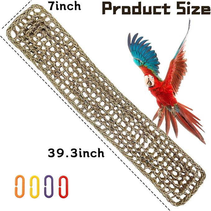 Bird Seagrass Mat 39.4×7" Long Natural Macaw Woven Net Hammock Hanging on Parrot Cage with Hooks Climbing Ladder Swing Chew Toys for Cockatoo Large Parrot Supplies