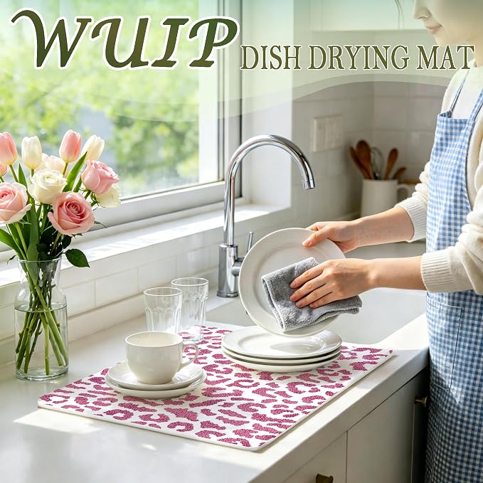 Pink Cheetah Print Dish Drying Mats for Kitchen Counter, Retro Funky Pink Cheetah Absorbent Reversible Coffee Bar Mat Drying Pad for Leopard Print Kitchen Decor, 12x15 Inch