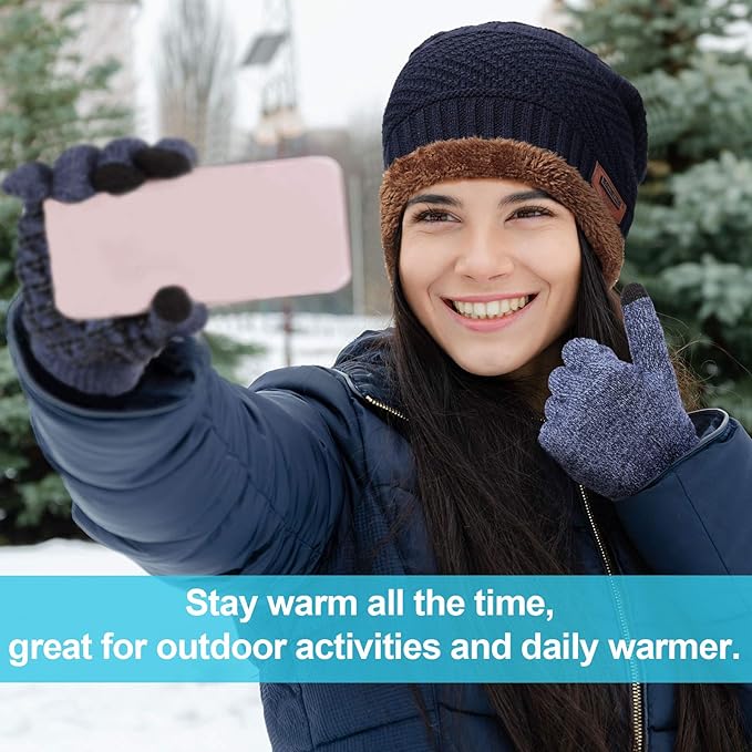Winter Fleece Lined Beanie Hat Scarf Sock Touchscreen Gloves Set for Men Women