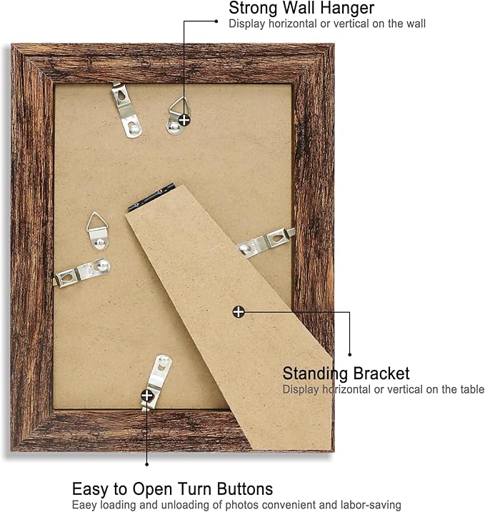 iRahmen 5x7 Picture Frame Set of 4, High Definition Glass Brown Frame, 5 x 7 Wood Rustic Photo Frames for Horizontal or Vertical Table Top and Wall Mounting
