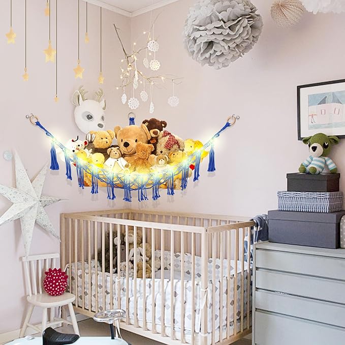 CERETIA Stuffed Animal Hammock with LED Light, Toy Hammock for Stuffed Animals Storage for Kids Room Decor, Stuffed Animal Hammock Corner, Royal Blue