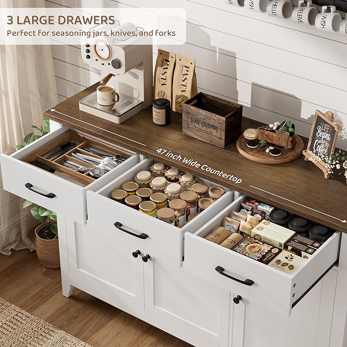 HORSTORS 47" Buffet Cabinet with Storage, Kitchen Buffet Table with Drawers, Modern Farmhouse Coffee Bar Storage Cabinet with Adjustable Shelf, Wood Sideboard for Dining Room, Kitchen, Entryway, White