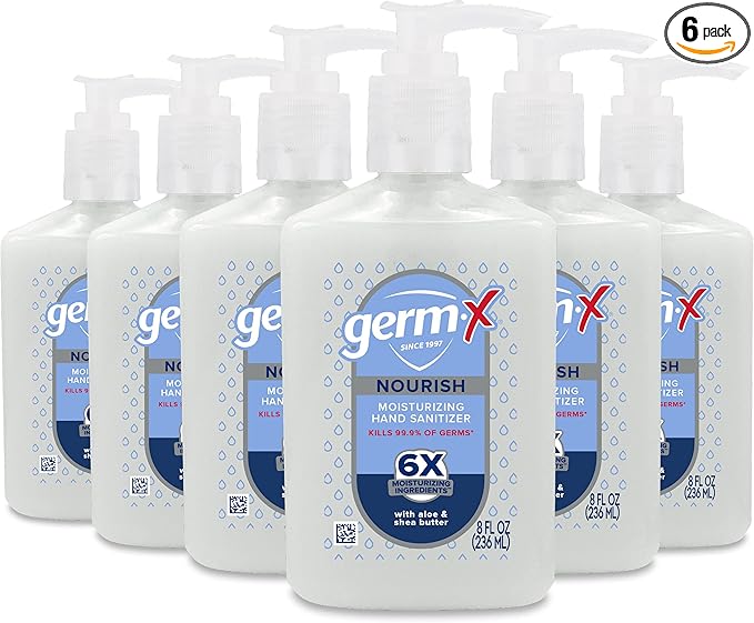 Germ-X Nourish Hand Sanitizer, 8 Fl Oz (Pack of 6), 2-in-1 Moisturizing and Sanitizing Formula with Shea Butter, Vitamin E & Aloe, Non-Greasy, Fresh Scent, Pump Bottle