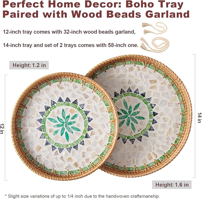 14 inch Round Rattan Tray Home Decor with Wood Bead Garland, Wicker Serving Tray with Mother of Pearl Inlay, Boho Decorative Tray for Coffee Table, Display, Ottoman, Kitchen Table, Bathroom (Bohemian)