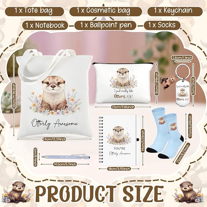 Talltalk 6 Pcs Otter Gifts for Women Sea Otter Lover Gifts Set, Socks Canvas Bag Makeup Bag Spiral Notebook Ballpoint Pen and Stainless Steel Keychain for Christmas Birthday Graduation Thanksgiving