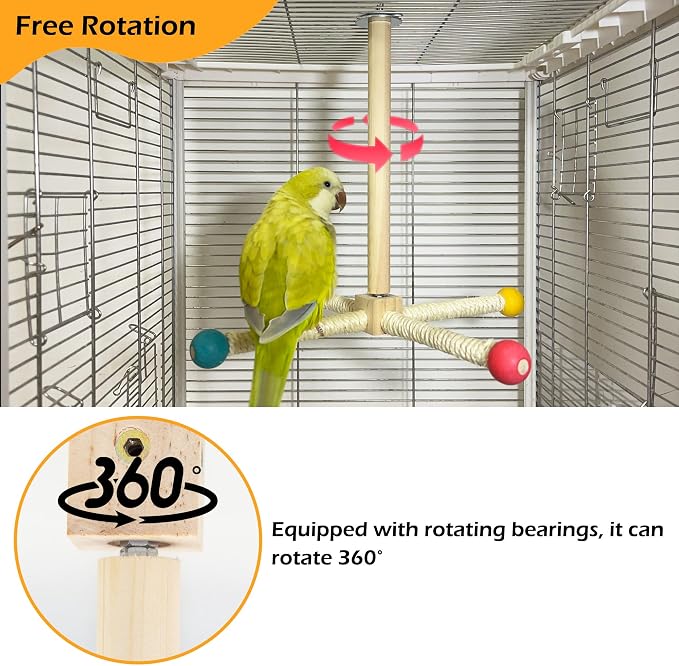 Large Bird Perch Toy, Interactive Wooden 360° Spinning Cage Toy(L) | Exercise Wheel Quaker Toy, Enrichment Bird Cage Accessories Perch Toys for Medium-sized Birds Cockatiel Ring-necked Caique