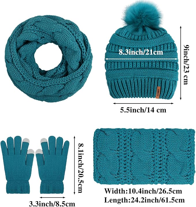 Aneco Womens Winter Warm Sets Knitted Fur Pompoms Beanie Hat Circle Loop Scarf Touch Screen Gloves Winter Favor Accessories