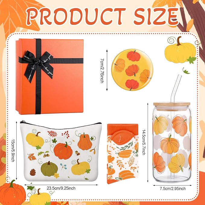 Kacctyen 5 Pcs Thanksgiving Gifts Basket for Women Orange Pumpkin Birthday Gift Basket 16 oz Pumpkin Cup with Lid Straw Makeup Bag Socks Mirror for Thanksgiving Friendsgiving Holiday Souvenirs
