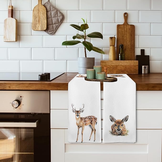 Funny Deer Kitchen Towels and Dishcloths Sets of 2, Deer Decor Gifts, Woodsy Rustic Cabin Lodge Forest Mountain Nursery Home Hunting Decor Dish Hand Tea Towels for Bathroom Kitchen, 16x24Inch