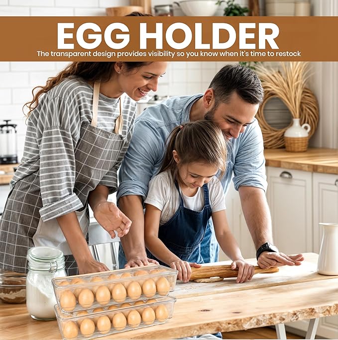 Utopia Home Egg Container With Lid and Handle for Refrigerator Organization- Pack of 2 - Clear Stackable Egg Holder for Kitchen or Pantry Organizers and Storage