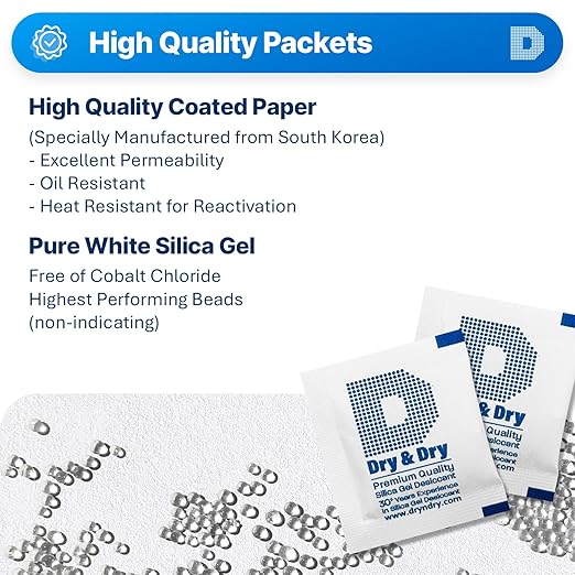 Dry & Dry Silica Gel Desiccants, Silica Gel Packs - Rechargeable (Food Safe) Silica Gel Packets - White - 30 Packets (3 Gram)