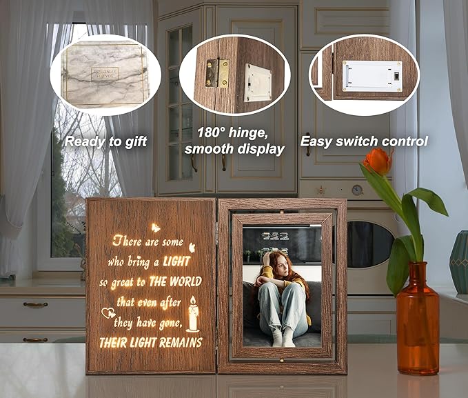 Rotating Wooden Memorial Picture Frame with Light Up Quote – Sympathy Gifts for Loss of Loved One, Bereavement Grief Condolences Gifts with 2 4x6 Inch