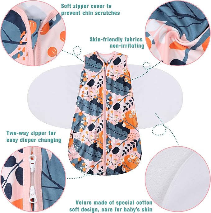 Newborn Sleep Sack Baby Swaddle,3-Way Adjustable Wearable Blanket,100% Rayon Cotton Swaddling Sleeping Bag，TOG 0.5 (Gerbera & Tulips, 3-6 Months)