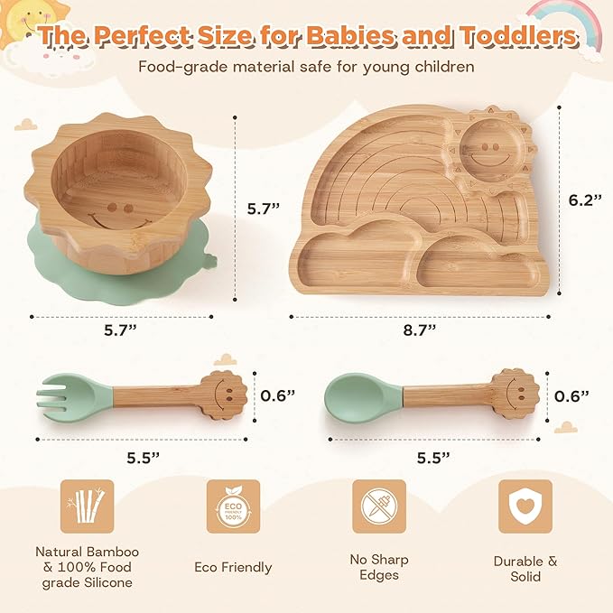 Bamboo Suction Plates Bowls Set for Baby Toddler - Includes Bamboo Bowl, Divided Plate, Silicone Fork & Spoon, All-Natural Baby Feeding Set for Baby-Led Weaning