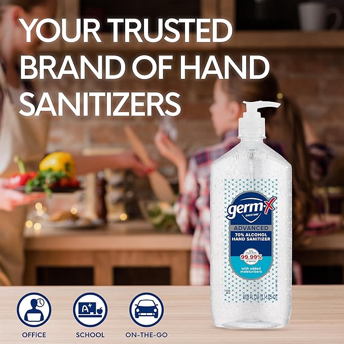 Germ-X Advanced Hand Sanitizer, 34 Fl Oz (1 Liter), Less Drying Moisturizing Clear Gel, No Rinse Formula, Large Family Size Pump Bottle