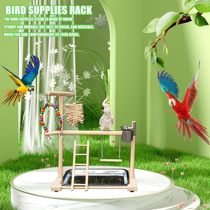 Bird Stand, Natural Wood, Parrot Playground with Removable Tray & 2 Stainless Steel Feeder Cups, Suitable for Parakeet, Conure, Cockatiel, Lovebird, Canary, Lorikeet & African Grey