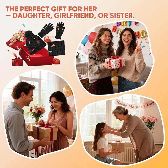 ihuan Winter Hat Scarf Gloves Warmer Christmas Gifts, Warm Knit Beanie Hat Touch Screen Gloves Set Neck Scarves for Women