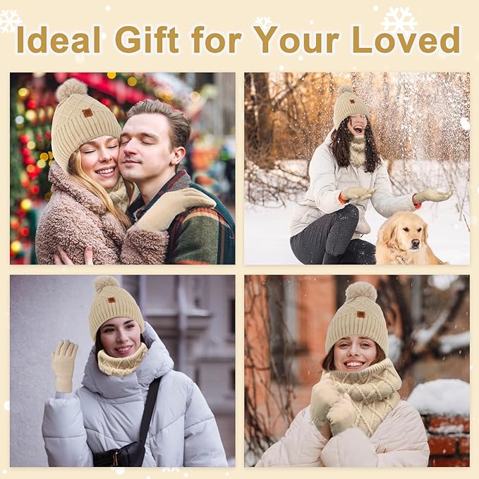 YARIEW Winter Hat Neck Warmer and Gloves Set for Women, Warm Knitted Beanie with Pom Pom, Soft Ear Warmer Scarf, Warm Gloves