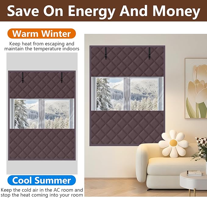 3 Layer 63 x 47 Inch Visible Winter Insulated Window Cover,Oxford Thermal Insulated Window Blanket with Fastener,Brownish Red Window Insulation Kit for Winterizing Keeping Home Warm