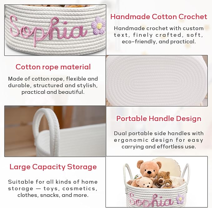 Personalized Baby Basket with Name - Custom Cotton Rope Storage Basket & Organizer for Nursery, Diaper Caddy and Keepsakes, Baby Shower Gifts