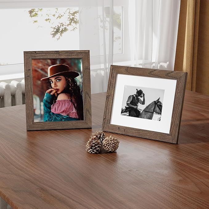 Fun Memories 8x10 Picture Frame with Mat for 5x7 Photo, Solid Elm Wood & Tempered Glass, Rustic Wall & Tabletop Display Frame, Walnut, 1 Pack