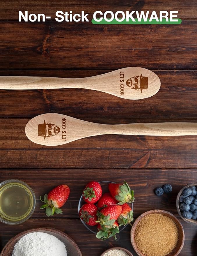 Funny Let's Cook Wooden Spoons for Cooking, Salad Mixing Stir Serving Spoon, Engraved Wood Spoons Kitchen Decor Accessories, Father's Day Birthday Gifts for Chef Dad Husband
