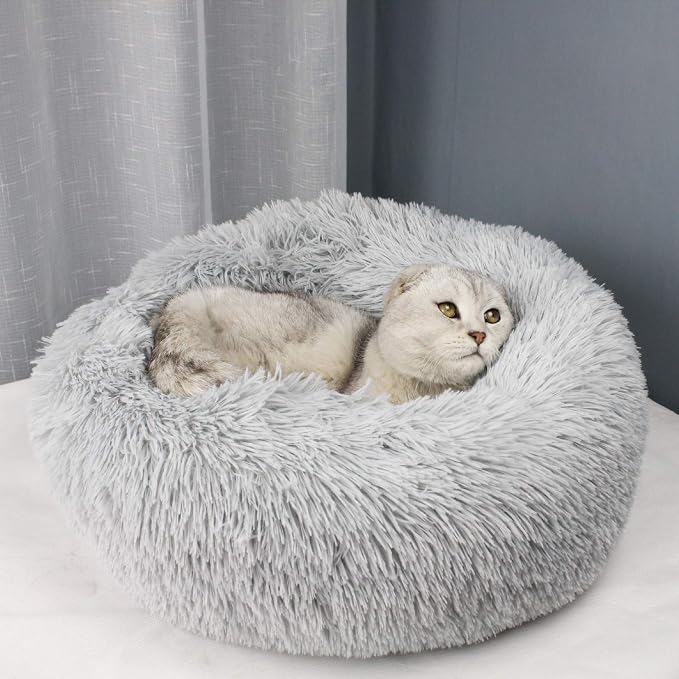 Dog Bed for Small Dogs & Cats, 24 Inch Medium Fluffy Washable Donut Bed | Plush Puppy Bed and Cat Bed for Pets up to 25 lb, High-Loft Polyester Fill with Water-Resistant Non-Skid Base for Indoor Use