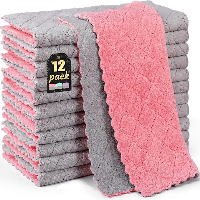 12 Pack Kitchen Cloth Dish Towels, 12x12 inch Soft Premium Dishcloths, Absorbent Microfiber Cleaning Cloth for Cleaning Dishes, Kitchen, Bathroom, Car