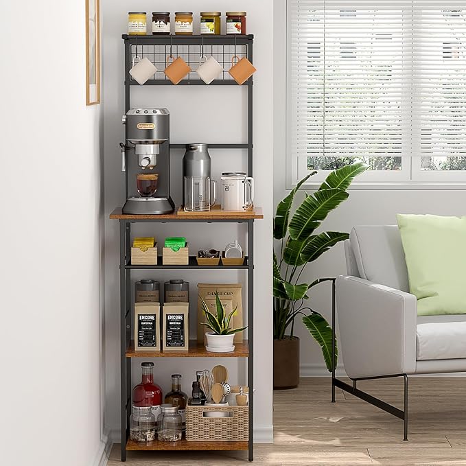 5 Tier Coffee Bar Station, Kitchen Stand with 4 S-Shaped Hooks, Farmhouse Corner Coffee Bar Cabinet for Small Spaces, Bakers Rack for Kitchen, Entryway, Living Room, 13.43"D x 18.93"W x 53.31"H