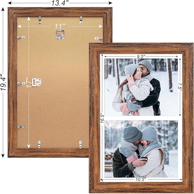 11x17 Picture Frame Display 2 opening 8X10 Double Picture Frame Collage,Multi Photo Frame with Mat,Plexiglass,Wall Mount Decor,Carbonized Brown Wood Grain