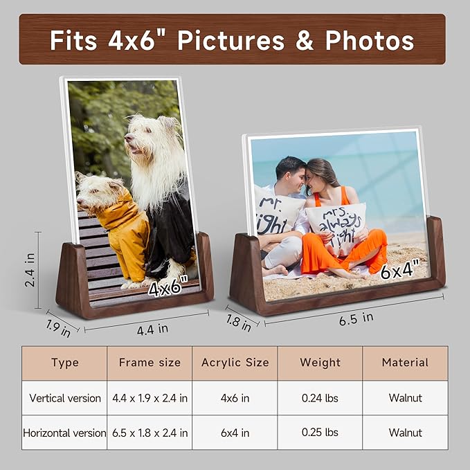 4x6 picture frames, Solid Rustic Wooden Photo Frames with Walnut Wood Base and High Definition Acrylic Glass Covers - 4 Pack for Tabletop or Desktop Display (4x6 inch, 4 Pack)