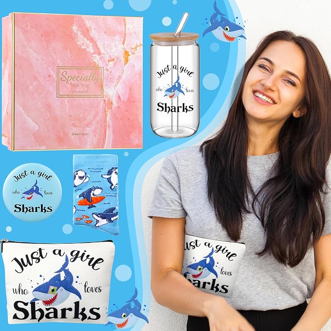 Kacctyen 5 Pcs Christmas Shark Gifts for Women Funny Shark Lovers Stuff Accessories 16 oz Glass Cup Tumbler with Lid Straw Cosmetic Makeup Bag Sock Mirror Box for Birthday Animal Lover Presents