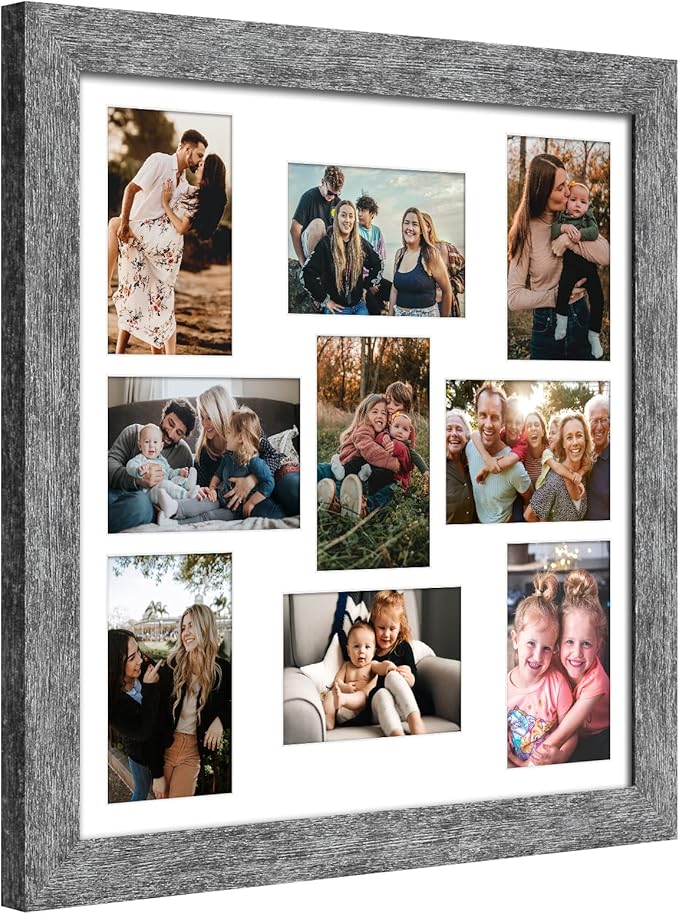 17x17 Picture Frame Display 9 opening 4X6 Picture Frame Collage,Multi Photo Frame with Mat,Plexiglass,Wall Mount Decor,Grey Wood Grain