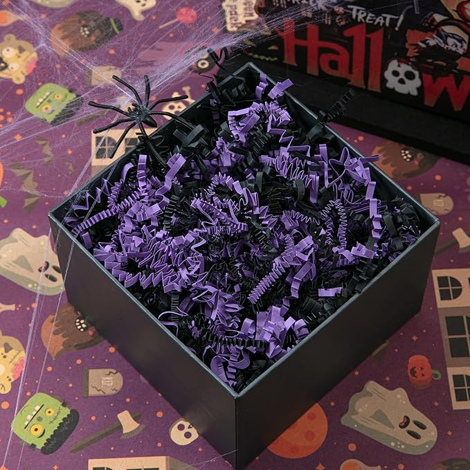Mefleet 1/2 LB Halloween Crinkle Cut Paper Shred Filler 8 oz Purple & Black Crinkle Shredded Paper for Gift Basket - Gift Box Bag Filler - Grass Cushion Stuffing for Halloween Packaging Wrapping