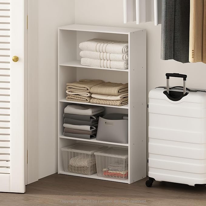 Furinno Reed Closet Organizers and Storage, 4-Tier Closet Organizer, Open Shelf Closet Storage, for Wardrobe, Bedroom, Living Room, White