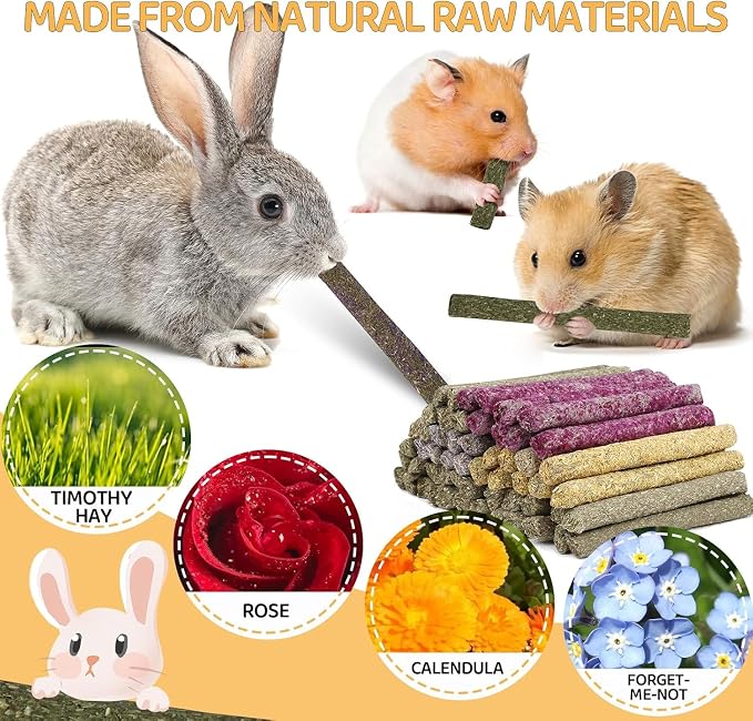 208Pcs Rabbit Chew Sticks, Guinea Pig Toys, Natural Timothy Hay Teeth Stick | Rabbit Bunny Chew Sticks Toys for Teeth Mixing Flowers, Roses, Calendula and Forget Me Not, Small Animals Treats