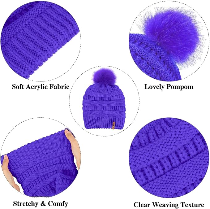 Aneco Womens Winter Warm Sets Knitted Fur Pompoms Beanie Hat Circle Loop Scarf Touch Screen Gloves Winter Favor Accessories