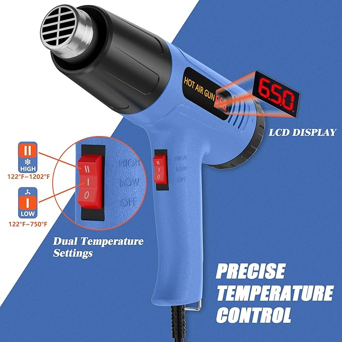 Side Digital Display Heat Gun, Quick heating Heat Gun' set, Variable Temperature control 122 ℉~1202 ℉ Overheat protection, With 4 Nozzles, Suitable for Heat shrink tubing and PVC softening