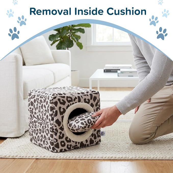 Cat House - Indoor Bed with Removable Foam Cushion - Cat Cave for Puppies, Rabbits, Guinea Pigs, and Other Small Animals by PETMAKER (Animal Print)