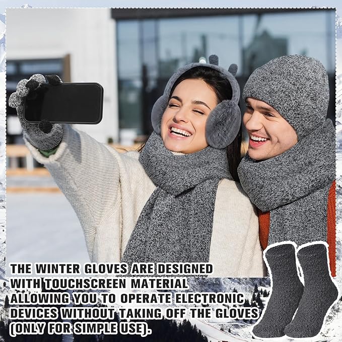 Geyoga 6 Pcs Winter Knit Set Beanie Hat Long Scarf Touchscreen Gloves Ear Muff Socks Warm Valentine Gift for Women Men Snow(Dark Grey,Chic Style)