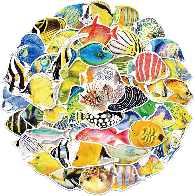 50PCS Fish Stickers, Cute Marine Organism Stickers for Kids Teens Adults, Vinyl Cartoon Colorful Saltwater Fish Decals Kawaii Marine Fish Sticker for Decor Water Bottles Laptops Guitar Scrapbook