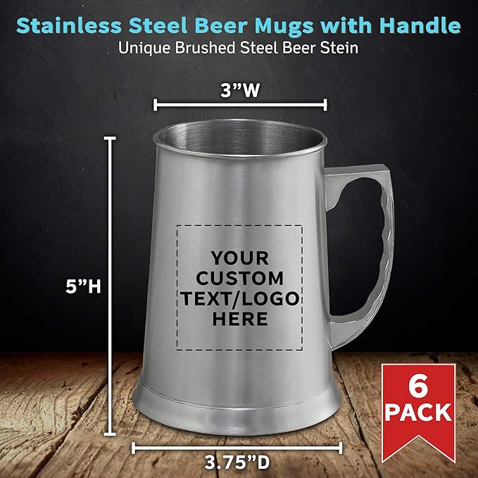 Custom Stainless Steel Beer Stein Mug 13.5 oz. Set of 6, Personalized Bulk Pack - Great for Restaurant, Brewery, Pub - Silver