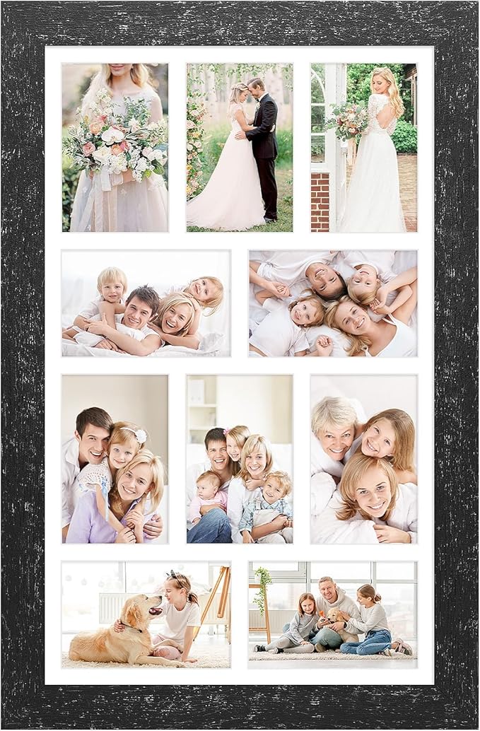 13x21 Picture Frame Display 10 opening 4X6 Picture Frame Collage,Multi Photo Frame with Mat,Plexiglass,Wall Mount Decor,Black Wood Grain
