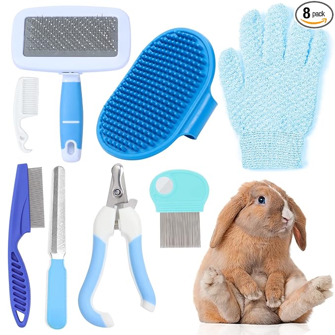 VCZONE Small Animal Grooming Set: Pet Nail Clipper & File, Flea Comb, Shampoo Brush, Shedding Slicker Brush, Massage Glove, Cleaning Comb (Blue)
