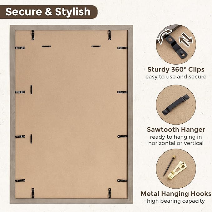 Fun Memories 20x30 Picture Frames, 20"x30" Poster Frame for Wall, 20 x 30 Rustic Wood Frame with Real Tempered Glass, Display Poster 16x24 with Mat or 20 x 30 Without Mat, Grey, 1 Pack