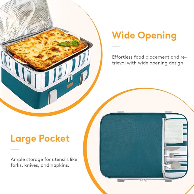 LUNCIA Insulated Double Decker Casserole Carrier, Lasagna Lugger Tote Keeps Food Hot or Cold, Thermal Lunch Bag for Potluck Parties, Picnic and Cookouts, Fits 9" x 13" Baking Dish, Green
