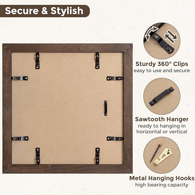 Fun Memories 12x12 Picture Frame-Real Tempered Glass, 12 x 12 Wood Photo Frame, Display Pictures 8x8 with Mat or 12x12 Without Mat, 12" x 12" Rustic Picture Frame for Wall Mounted, Walnut, 1 Pack