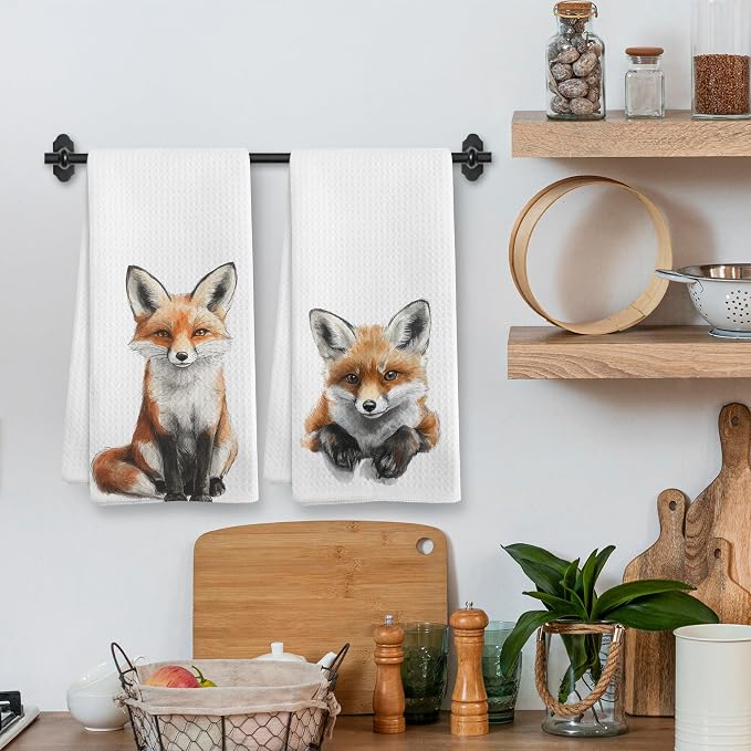 Funny Fall Fox Kitchen Towels and Dishcloths Sets of 2, Fox Decor Stuff Gifts, Woodsy Rustic Cabin Lodge Forest Nursery Home Hunting Decor Dish Hand Tea Towels for Bathroom Kitchen, 16x24Inch