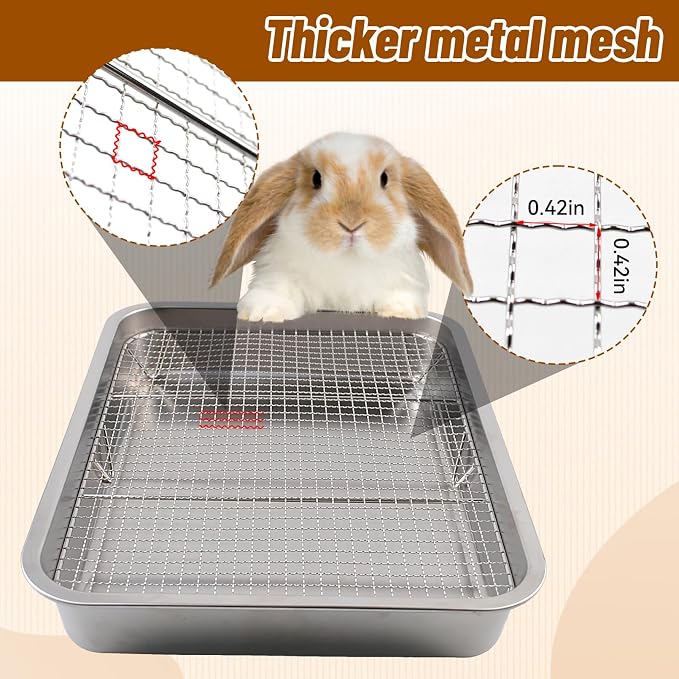 Rabbit Litter Box Stainless Steel Gird Rabbit Litter Box,304 Stainless Steel Sifting Tray with &Non-Slip Feet Mats,Small Animal Toilet Potty Tray Easy to Clean and Wash
