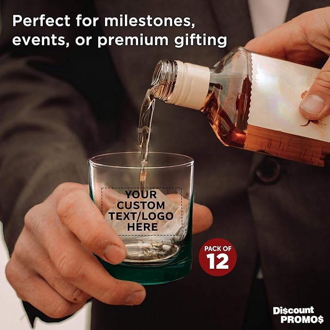 Custom Lexington Rocks Whiskey Glass 10.5 oz, Set of 12, Personalized Bulk Pack - Perfect for Scotch, Bourbon, Whiskey, Cocktail - Green